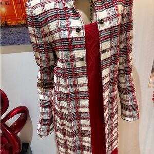St. John Red & White Plaid Tweed Long Jacket overcoat dress set 12 L